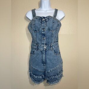 Denim Button-Front Mini festival Romper with Frayed Hem